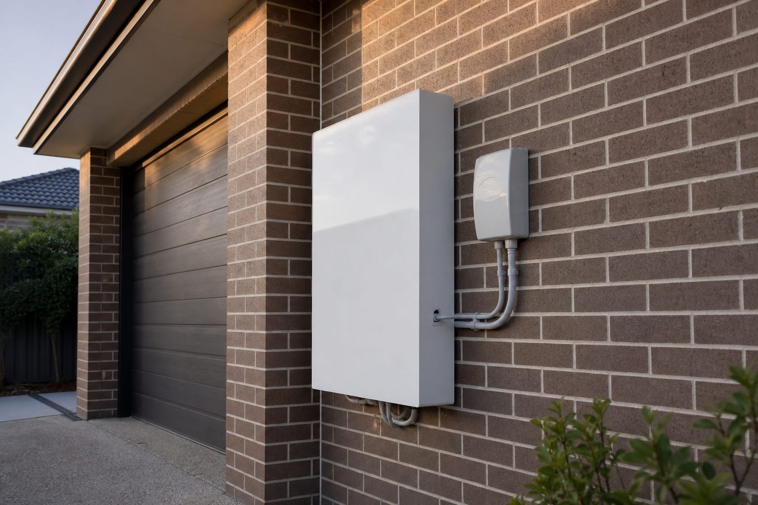 Home battery storage system mounted on a garage wall