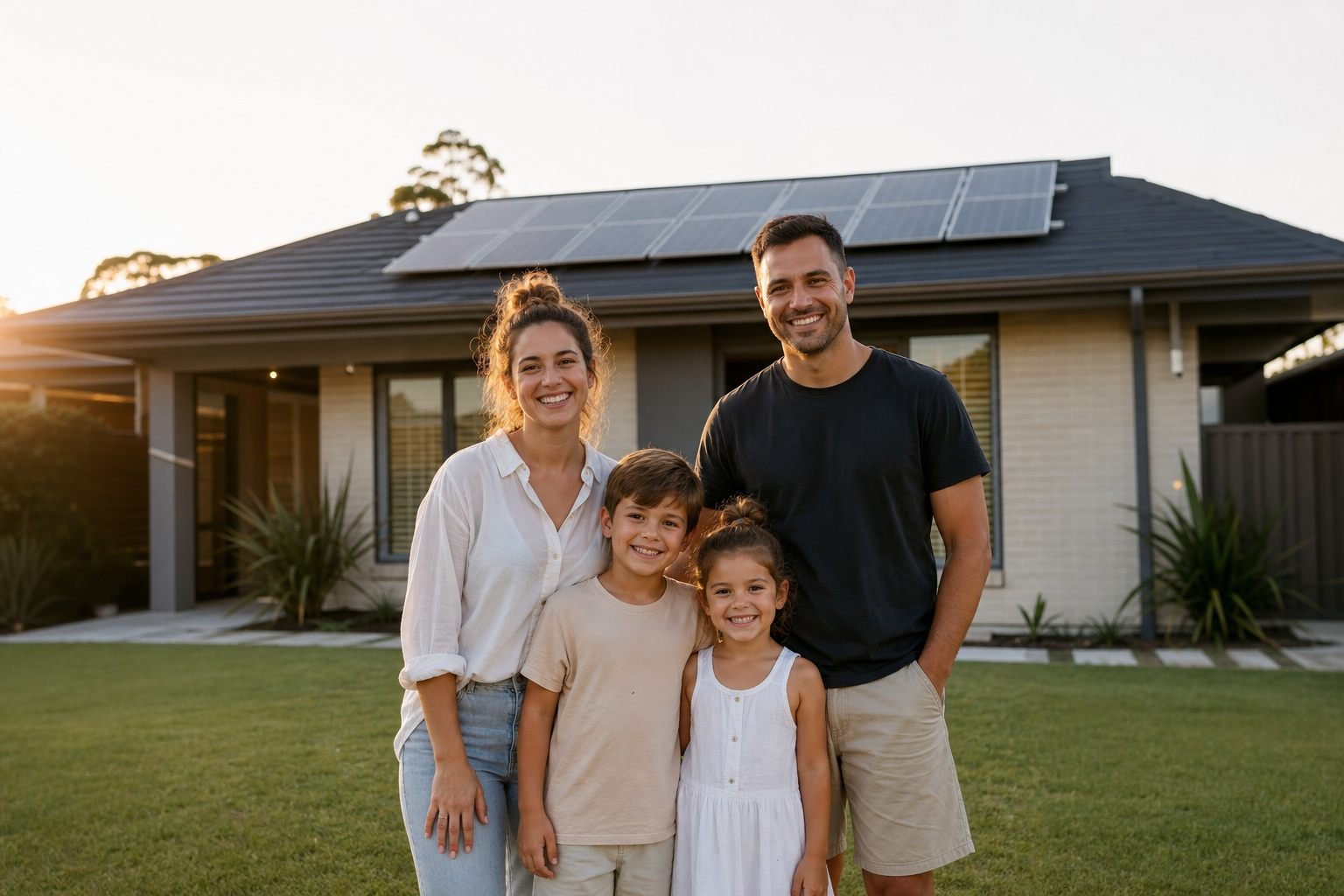 Happy family in front of their solar-powered home